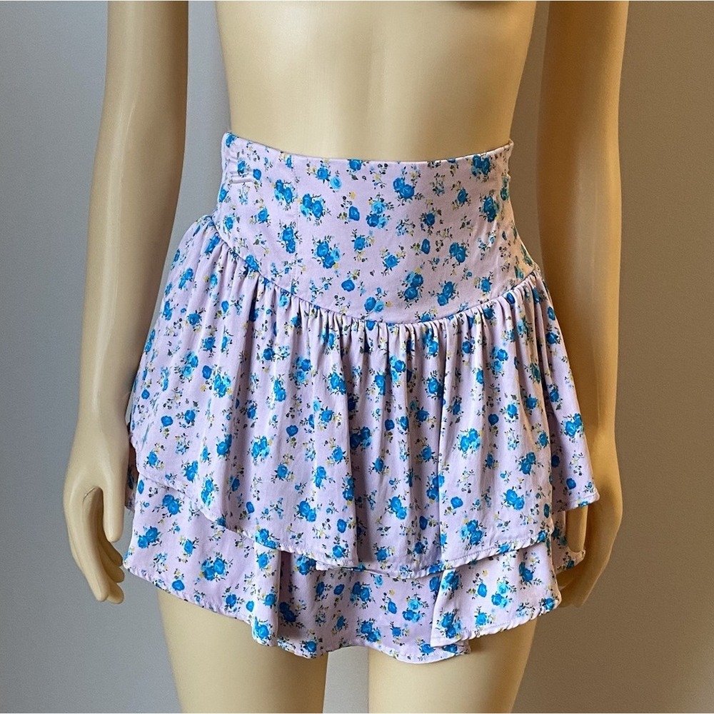 Zara Pink and Blue Floral Mini Ruffled Skirt Skirt Medium Coquette